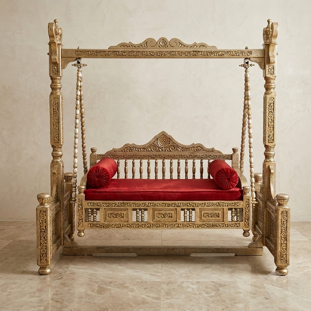 Carved Wooden Swing — Red Velvet