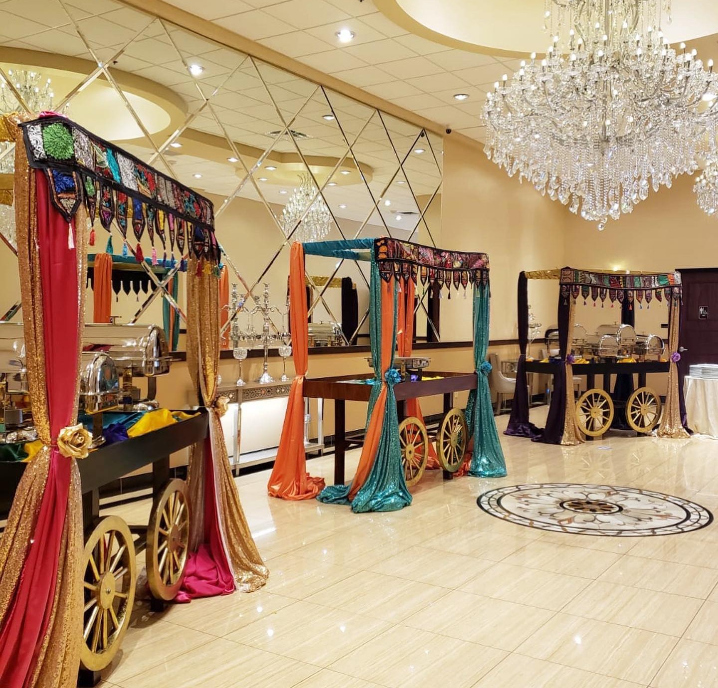 ZS Banquet Supply food carts under crystal chandelier USA