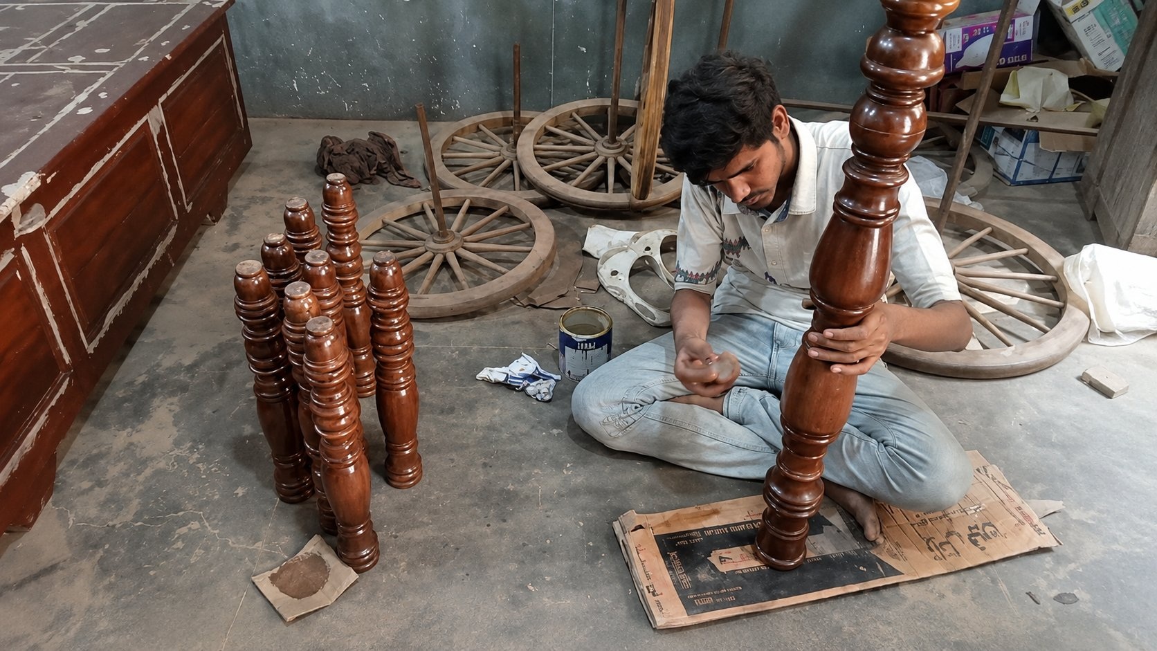 Craftsman finishing turned Sheesham wood legs — ZS Banquet Supply workshop
